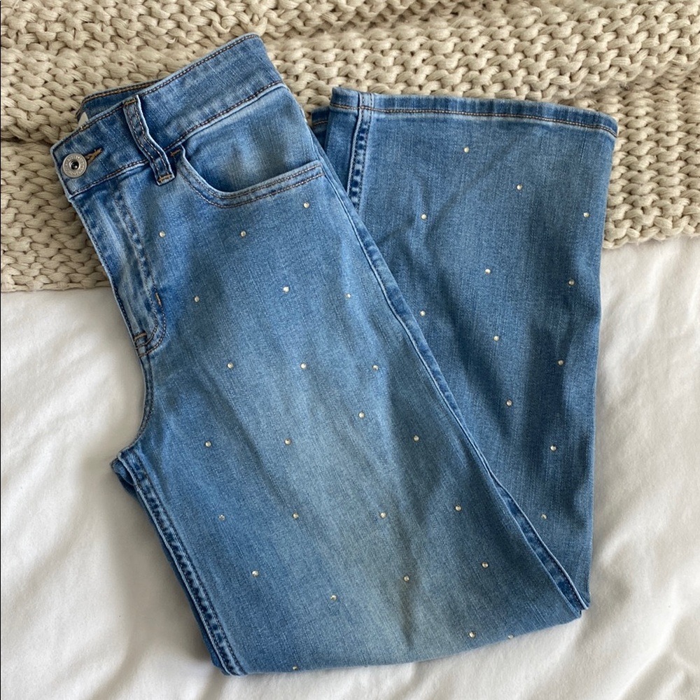 Abercrombie Kids High Rise Wide Leg Jeans with Rhinestone Embellishments